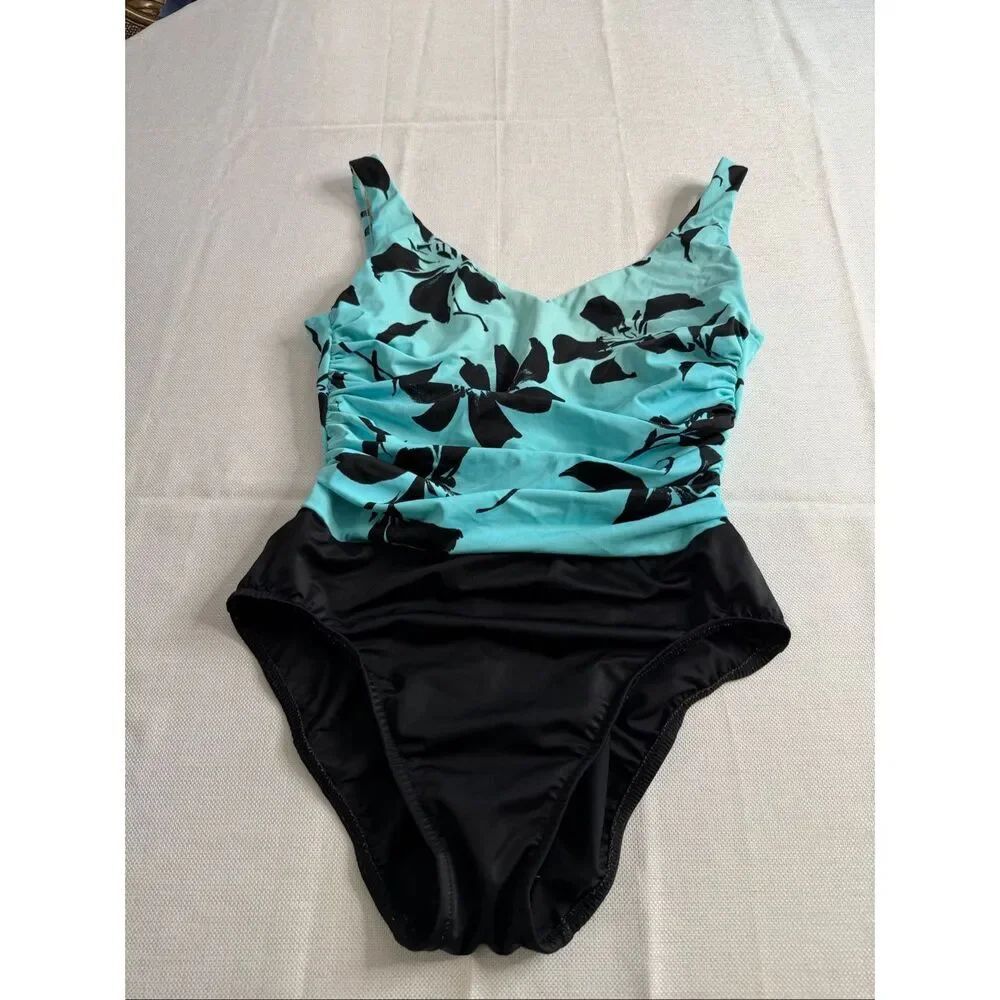 Miraclesuit Aqua Floral One Piece Swimsuit Tummy Control Ruched Shaping Size 14